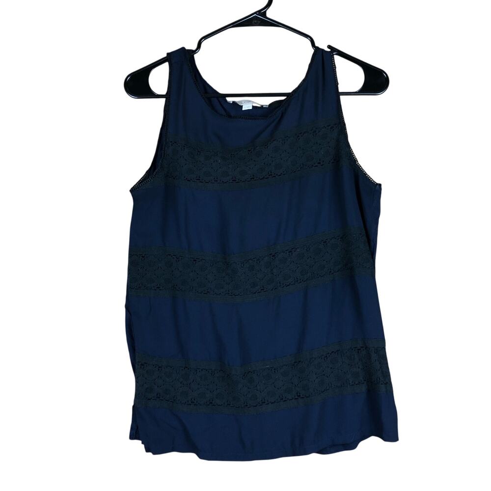 LOFT Womens Blouse Navy Blue Black Lace Tank Lace Accents Cotton Nylon Small